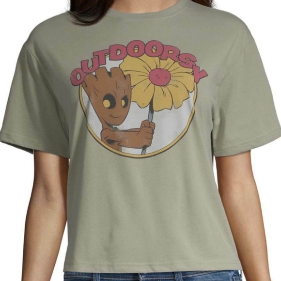 DISNEY GUARDIANS OF THE GALAXY GROOT JUNIORS CROP SHIRT - Picture 1 of 2